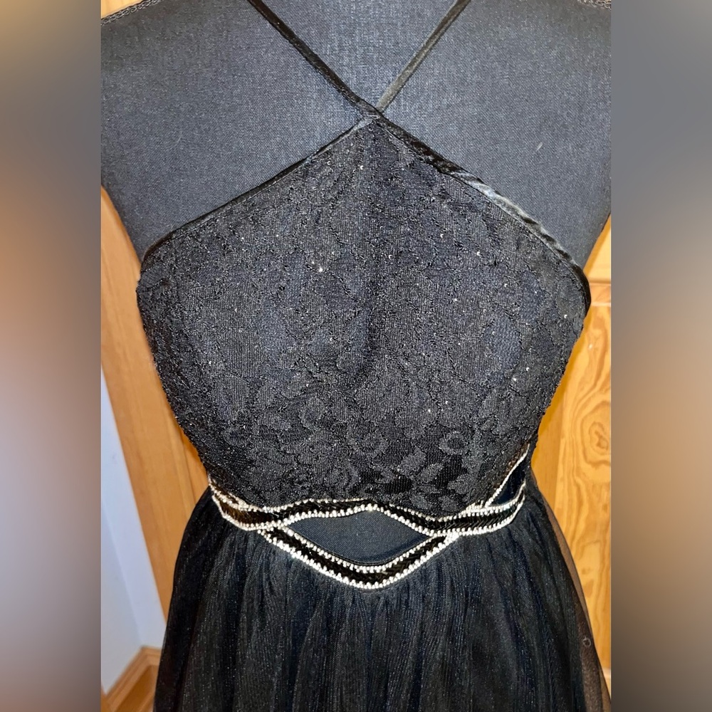 Sequin Hearts Black Lace Tulle Prom Dress Size 0 Embellished Cutout Evening Gown - Picture 5 of 17